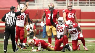Chandler Jones of the Arizona Cardinals reacts after he sacked Jimmy Garoppolo of the San Francisco 49ers.