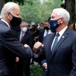 Democratic presidential candidate and former Vice President Joe Biden greets Vice President Mike Pence at the 19th anniversary ceremony in observance of the Sept. 11 terrorist attacks at the National September 11 Memorial & Museum in New York, Friday, Sept. 11, 2020.