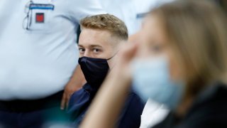 Finnegan Lee Elder, from California, looks on during a break in his trial where he and his friend Gabriel Natale-Hjorth are accused of slaying a plainclothes Carabinieri officer while on vacation in Italy last summer, in Rome, Wednesday, Sept. 16, 2020.