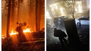 This combination of photos shows a firefighter at the North Complex Fire in Plumas National Forest, Calif., on Monday, Sept. 14, 2020, left, and a person using a flashlight on flooded streets in search of their vehicle, Wednesday, Sept. 16, 2020, in Pensacola, Fla.