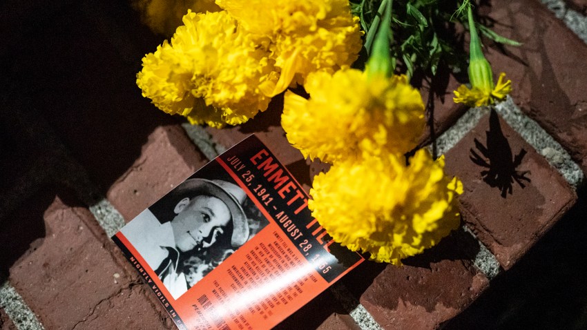 A flyer detailing the lynching of Emmett Till is seen here during a protest against police brutality and racial injustice on August 28, 2020 in Portland, Oregon. Friday marked the 93rd night of protests in Portland following the death of George Floyd.