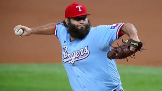 Lance Lynn #35 of the Texas Rangers pitches against the Oakland Athletics in the top of the first inning at Globe Life Field on Sept. 13, 2020 in Arlington, Texas.