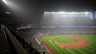 Wildfire smoke fills the air during the second game of a doubleheader between the Seattle Mariners and Oakland Athletics at T-Mobile Park.