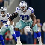 Dallas Cowboys Offensive Tackle Tyron Smith (77) pass blocks during the game between the Buffalo Bills and Dallas Cowboys on Nov. 28, 2019 at AT&T Stadium in Arlington, Texas.