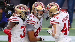 Kyle Juszczyk of the San Francisco 49ers celebrates his touchdown.