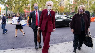 E. Jean Carroll arrives at the Daniel Patrick Moynihan United States Courthouse, Wednesday, Oct. 21, 2020, in New York. Carroll, who says President Donald Trump raped her in the 1990s, was expected to be in court Wednesday to hear lawyers argue whether Trump can substitute the United States for himself as the defendant in her defamation lawsuit.