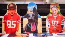 three head-and-shoulders cut-out photos: two of people in 49ers jerseys, and one of a black dog with its tongue out.