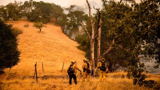 Firefighters watch as the edge of the fire creeps across a field.