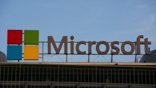 Microsoft sign and logo are seen on September 14, 2020 in Warsaw, Poland.