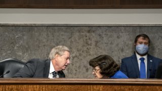Senator Lindsey Graham, a Republican from South Carolina and chairman of the Senate Judiciary Committee, left, speaks to ranking member Senator Dianne Feinstein, a Democrat from California, during a hearing in Washington, D.C., U.S., on Wednesday, Sept. 30, 2020.