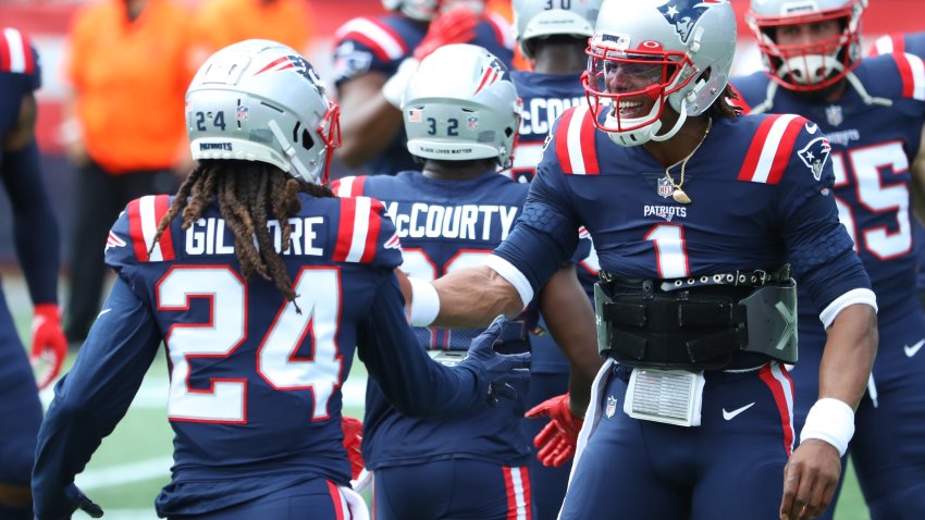 FOXBOROUGH, MASSACHUSETTS – SEPTEMBER 13: Cam Newton #1 of the New England Patriots greets Stephon Gilmore #24 before the game against the Miami Dolphins at Gillette Stadium on September 13, 2020 in Foxborough, Massachusetts. (Photo by Maddie Meyer/Getty Images)