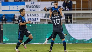 San Jose Earthquakes forward Chris Wondolowski celebrates his goal.