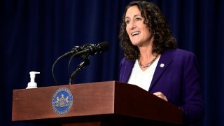 Pennsylvania Secretary of State Kathy Boockvar speaks at a press conference regarding election vote counting in Harrisburg, Pennsylvania, November 5, 2020.