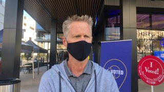 Golden State Warriors coach Steve Kerr discusses the voting process at the Chase Center drop-off location on Saturday, Oct. 31, 2020.