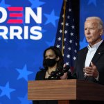 Democratic presidential candidate former Vice President Joe Biden speaks Thursday, Nov. 5, 2020, in Wilmington, Del. Democratic vice presidential candidate Sen. Kamala Harris, D-Calif., stands at left.