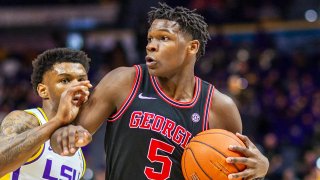 BATON ROUGE, LA - MARCH 07: Georgia Bulldogs guard Anthony Edwards (5) dribbles the ball the ball during a game between the Georgia Bulldogs and the LSU Tigers at the Pete Maravich Assembly Center in Baton Rouge, Louisiana on March 7, 2020.