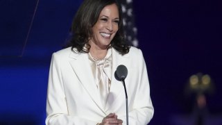 In this Nov. 7, 2020, file photo, Vice President-elect Kamala Harris smiles while speaking during an election event in Wilmington, Delaware.