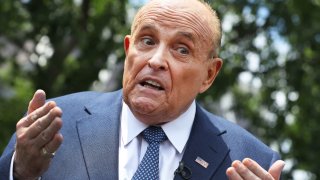 President Donald Trump’s lawyer and former New York City Mayor Rudy Giuliani talks to journalists outside the White House West Wing July 01, 2020 in Washington, DC.