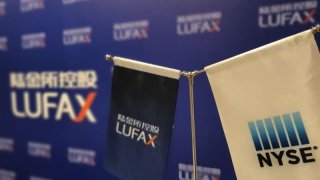 A Lufax flag on display during an event in Shanghai, China to launch the company’s initial public offering on the New York Stock Exchange.