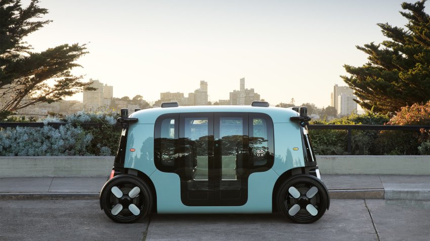 Amazon’s self-driving company Zoox unveiled its autonomous robotaxi on Monday.
