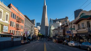 The TransAmercia building at the end of an empty Columbus Street in San Francisco, California, U.S., on Monday, Dec. 7, 2020.