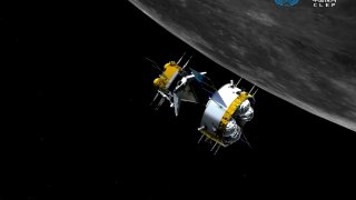 This graphic simulation image provided by China National Space Administration shows the orbiter and returner combination of China's Chang'e-5 probe after its separation from the ascender, at the Beijing Aerospace Control Center (BACC) in Beijing Sunday, Dec. 6, 2020. The Chinese probe that landed on the moon transferred rocks to an orbiter Sunday in preparation for returning samples of the lunar surface to Earth for the first time in almost 45 years, the country's space agency announced.