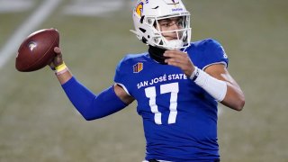 In this Friday, Dec. 11, 2020 file photo, San Jose State quarterback Nick Starkel (17) looks to throw against Nevada during the first half of an NCAA college football game in Las Vegas. No. 25 San Jose State will face perennial conference powerhouse Boise State in the Mountain West championship on Saturday, Dec. 19, 2020 in Las Vegas.