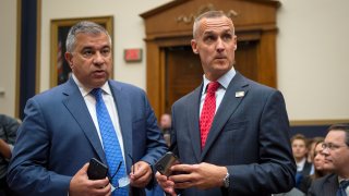 UNITED STATES - SEPTEMBER 17: Corey Lewandowski, the former campaign manager for President Donald Trump, right, stands with David Bossie, as he arrives to testify to the House Judiciary Committee in Washington on Tuesday September 17, 2019.