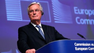 In this Dec. 24, 2020, file photo, European Commission's Head of Task Force for Relations with the United Kingdom Michel Barnier addresses a media conference on Brexit negotiations at EU headquarters in Brussels.