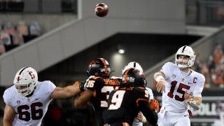 Quarterback Davis Mills of the Stanford Cardinal passes the ball.