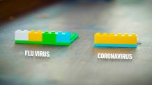 several short lego blocks labeled "flu virus." one long lego block labeled "coronavirus."