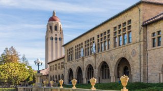A general view of the campus of Stanford University including Hoover Tower and buildings of the Main Quadrangle.