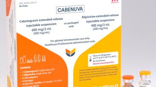 These illustrations, provided by drugmaker ViiV Healthcare on Thursday, Dec. 10, 2020, shows a rendering of the packaging and vials containing its new HIV treatment, Cabenuva, approved by the U.S. Food and Drug Administration on Thursday, Jan. 21, 2021. U.S. regulators have approved the first long-acting combo drug for HIV, monthly shots that can replace the daily pills that have been used for decades to control infection with the AIDS virus. Thursday’s approval of Cabenuva is expected to make it easier for people to stay on track with their HIV medicines and to do so with more privacy.