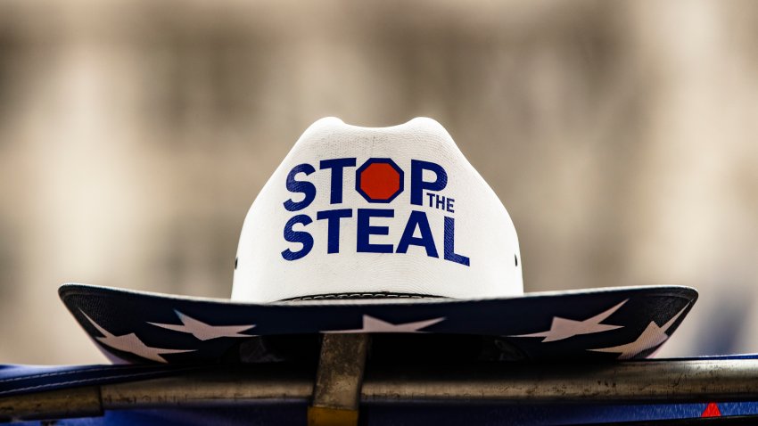 WASHINGTON, DC – JANUARY 05: A cowboy hat with Stop the Steal on one side and Team Trump on the other is for sale next to Freedom Plaza where supporters of President Trump have gathered for a rally on January 5, 2021 in Washington, DC. Today’s rally kicks off two days of pro-Trump events fueled by President Trump’s continued claims of election fraud and a last ditch effort to overturn the results before Congress finalizes them on January 6. (Photo by Samuel Corum/Getty Images)