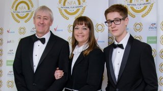 In this March 29, 2017, file photo, Nicholas Lyndhurst, Lucy Smith and Archie Lyndhurst attend the National Film Awards at Porchester Hall in London, United Kingdom.