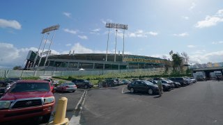 A view from the players parking lot outside the Oakland Coliseum.