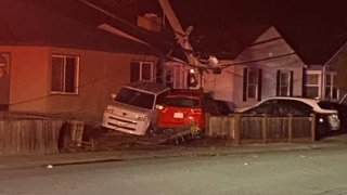 A car comes to rest after crashing in San Mateo.