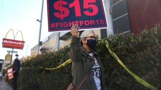 A Feb. 18 rally celebrating the California Labor Commissioner’s order for a McDonald’s franchise to rehire and compensate workers who went on strike for coronavirus protections was held on Feb. 18, 2021.