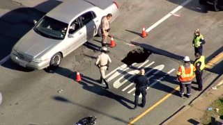 A sinkhole on the I-280 off-ramp to 6th Street in San Francisco.