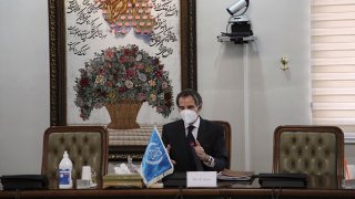 Director General of International Atomic Energy Agency, IAEA, Rafael Mariano Grossi speaks in a meeting with Iran's atomic chief Ali Akbar Salehi in Tehran, Iran
