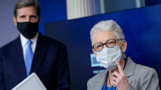 National Climate Advisor Gina McCarthy and Special Presidential Envoy for Climate John Kerry answer questions during a press briefing at the White House on January 27, 2021 in Washington, DC.