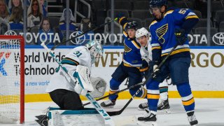 ST. LOUIS, MO – FEBRUARY 18: Martin Jones #31 of the San Jose Sharks defends the net against David Perron #57 of the St. Louis Blues on February 18, 2021 at the Enterprise Center in St. Louis, Missouri. (Photo by Scott Rovak/NHLI via Getty Images)