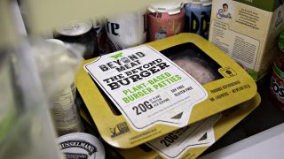 Packages of Beyond Meat plant-based burger patties are displayed for a photograph in Tiskilwa, Illinois, April 23, 2019.