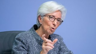 Christine Lagarde, President of the European Central Bank, speaks to the media following a meeting of the ECB governing board.