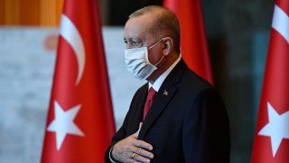 Turkish President Tayyip Erdogan attends a Republic Day ceremony at the Presidential Palace in Ankara, Turkey, October 29, 2020.