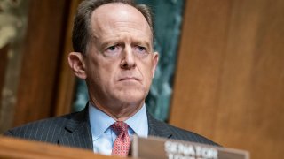 Senator Pat Toomey (R-PA) questions Treasury Secretary Steven Mnuchin during a hearing of the Congressional Oversight Commission on December 10, 2020 on Capitol Hill in Washington, DC.