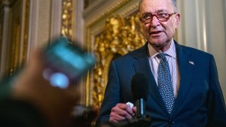 U.S. Senate Majority Leader Chuck Schumer (D-NY) speaks to reporters in The Senate Reception Room during the second day of Trump’s second impeachment trial in Washington, February 10, 2021.