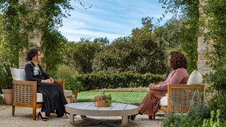 Meghan, The Duchess of Sussex, left, in conversation with Oprah Winfrey