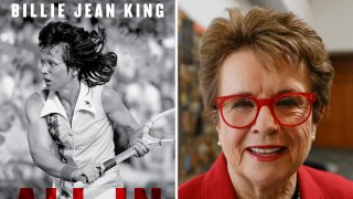 This combination photo shows the cover of "All In: An Autobiography" by Billie Jean King, left, and King posing for a portrait