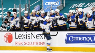 SAN JOSE, CA – MARCH 19: Vladimir Tarasenko #91 of the St. Louis Blues celebrates scoring a shootout goal against the San Jose Sharks at SAP Center on March 19, 2021 in San Jose, California. (Photo by Brandon Magnus/NHLI via Getty Images)
